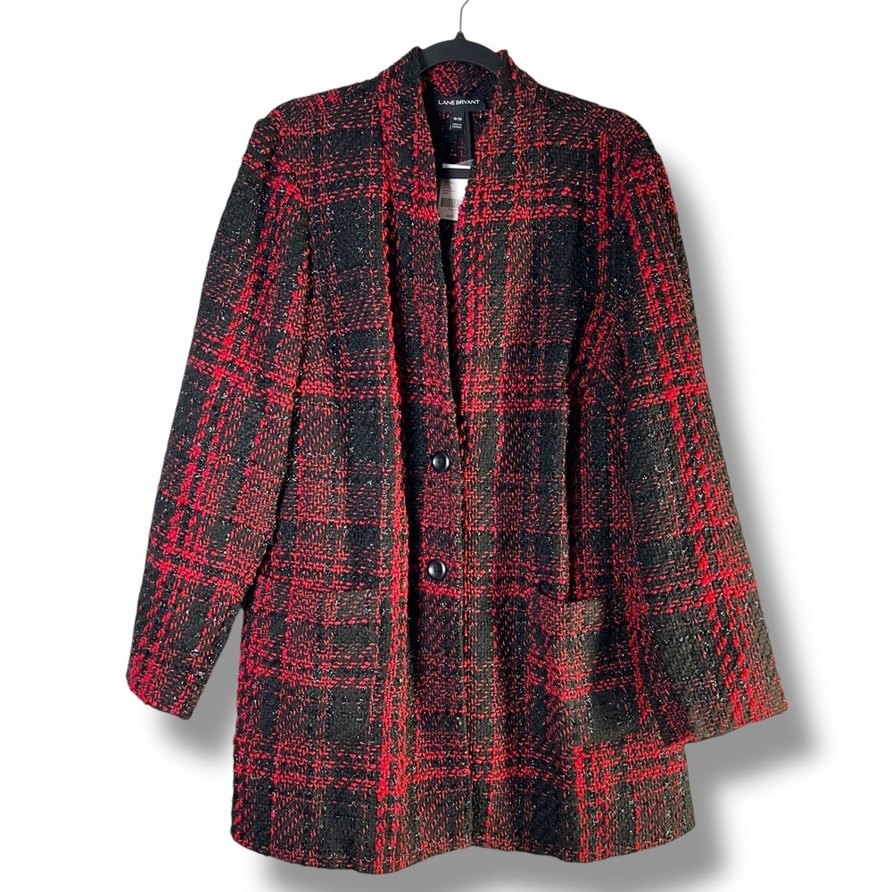 Lane Bryant Womens‎ Sz 18/20 Long Blazer Red Black Plaid Career Desk to Dinner